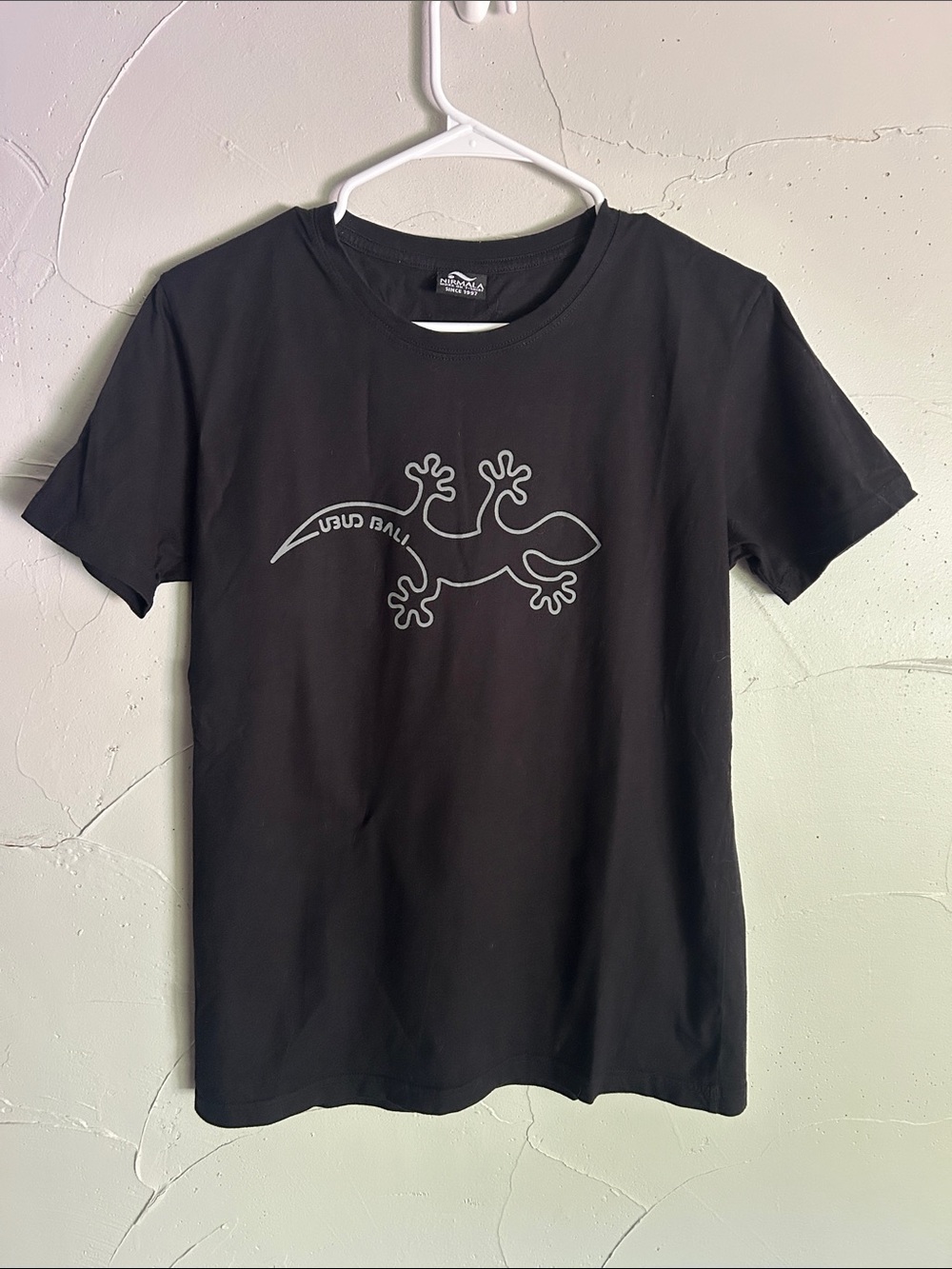 Nirmala Ubid Bali Indonesia Black Reptile Graphic Tee with Silver Lizard Print